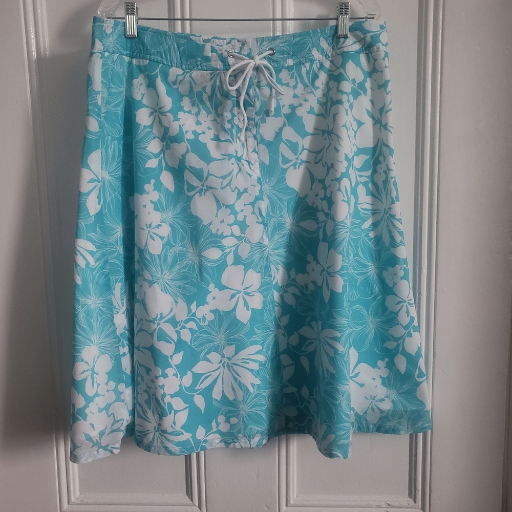 Hawaiian Print Hibiscus Turquoise Skirt Liz Claiborne Size 16 Knee Length